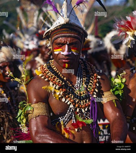 Male tribesman from Papua New Guinea in traditional dress and highly made up with painted face ...