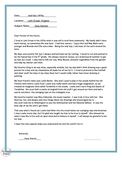 Time Capsule Letter For The Person Of The Future printable pdf download