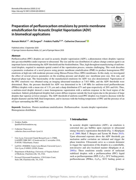 Preparation of perfluorocarbon emulsions by premix membrane ...