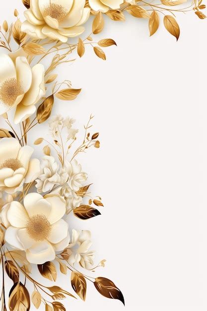 There is a white and gold floral background with gold leaves generative ...