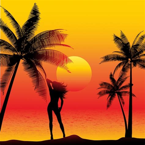 Silhouette of a female on a sunset beach with palm trees | Free Vector