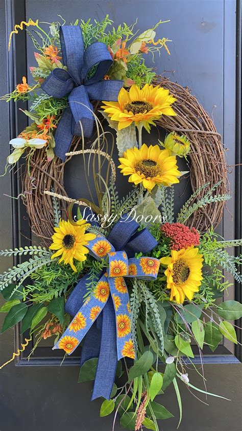 Sunflower Wreath, Denim Wreath, Sunflower Front Door Wreath, Sassy Doors Wreath, Double Door ...