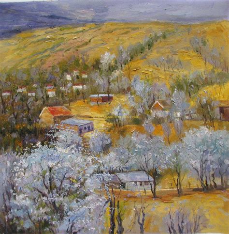 Impression landscape oil painting,Village and golden mountain