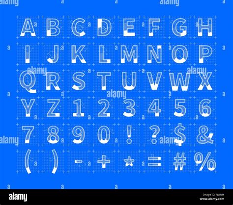 White architectural sketches of english alphabet on blue. Blueprint ...