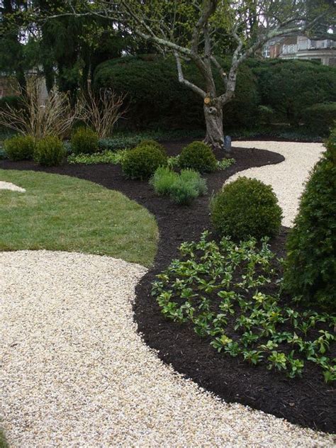 black mulch, crushed rock: | Mulch landscaping, Front yard landscaping, Stone landscaping