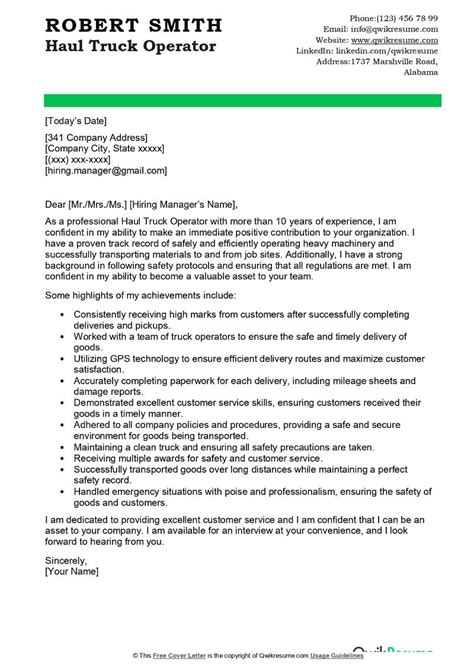 Haul Truck Operator Cover Letter Examples - QwikResume