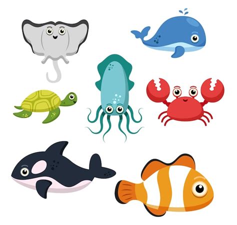 Free Vector | Set of Animal group of sea creatures, fish, Stingray ...