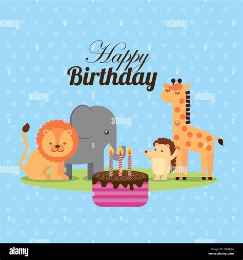 happy birthday card with cute animals and cake with candles over blue ...