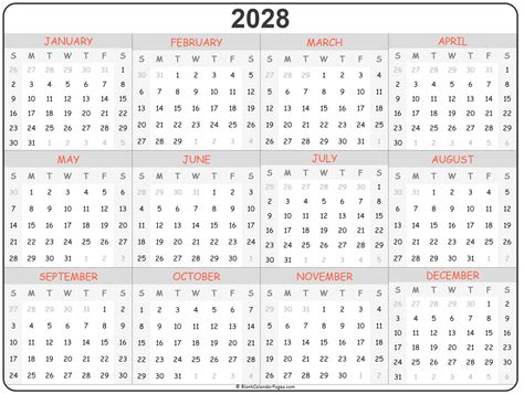 2028 year calendar | yearly printable