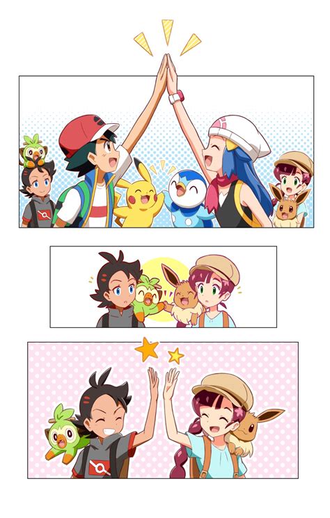 pikachu, dawn, ash ketchum, eevee, piplup, and 3 more (pokemon and 2 more) drawn by haruhi ...