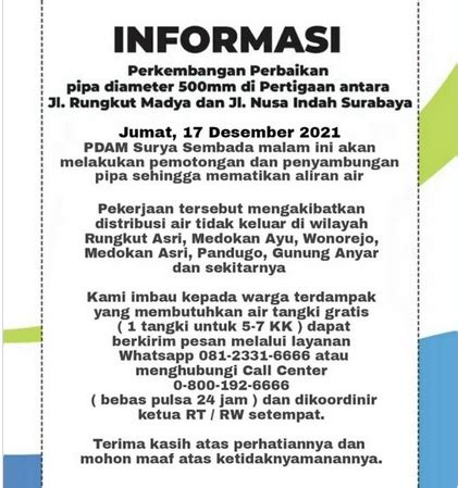 Info Air PDAM Surabaya Mati Hari Ini Mei 2023