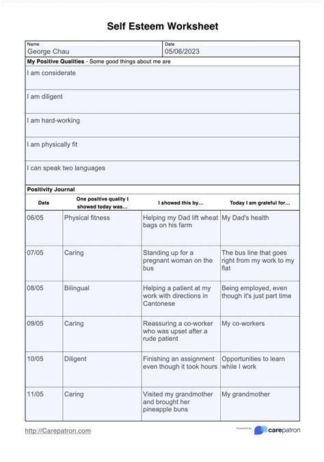 Self Esteem Worksheet & Example | Free PDF Download