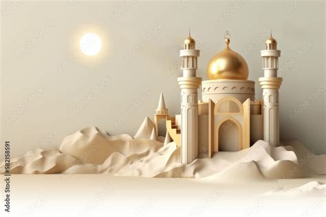 A paper model of a mosque with a golden dome and mountains in the ...