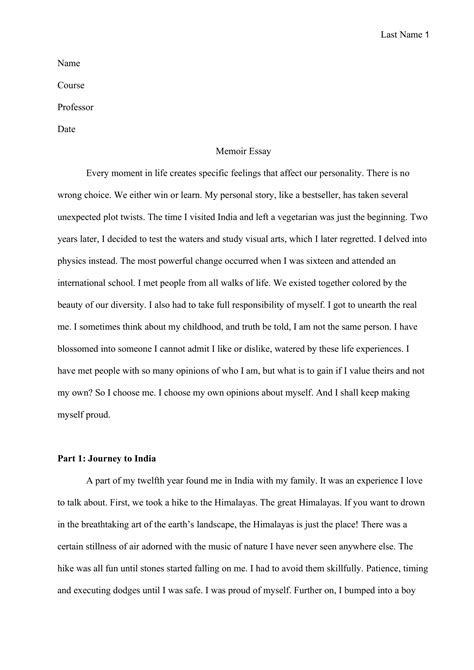 Memoir Essay Examples sample, Bookwormlab