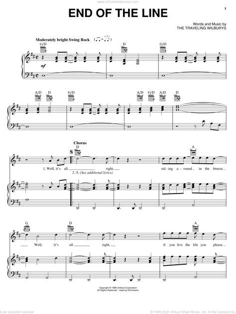 Wilburys - End Of The Line sheet music for voice, piano or guitar