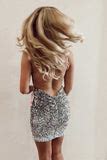 Silver V Neck Mini Party Dresses Homecoming Dress Sequins – jkprom