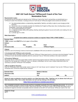 Fillable Online TOPSoccer Coach of the Year - US Youth Soccer Fax Email ...