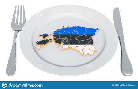 Estonian Cuisine Concept. Plate with Map of Estonia. 3D Rendering Stock ...