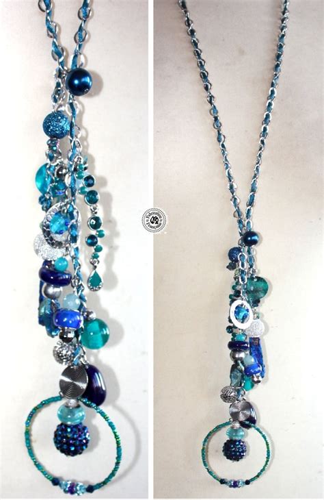 collier sautoir en chaine rhodium fantaisie perles pampilles en verre tissu bleus turquoise ...