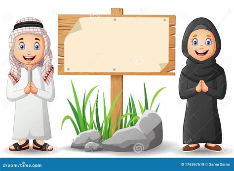 Arabic Kids Cartoon and Blank Wooden Signs Stock Vector - Illustration of culture, outfit: 176367618