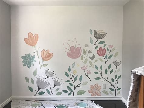 Wall art floral mural nursery interior design baby room painting Wall Painting Flowers, Nursery ...