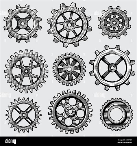 Retro sketch mechanical gears. Hand drawn vintage cog wheel parts of ...