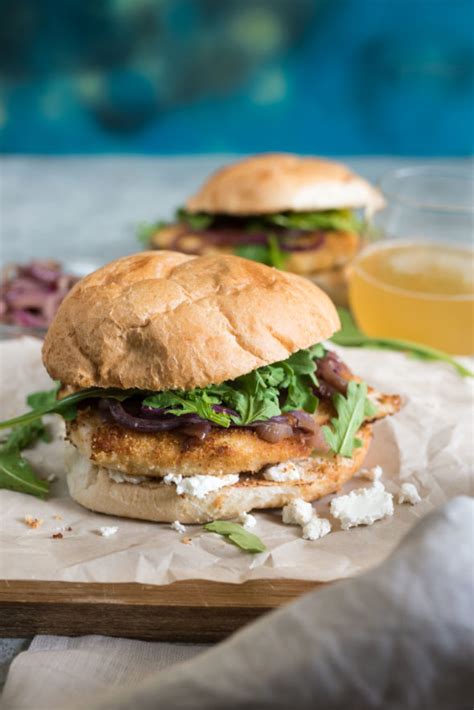 Panko and Almond Crusted Chicken Sandwich with Sautéed Onions, Arugula and Goat Cheese ...