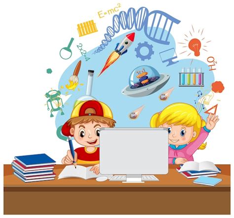 Free Vector | School kids studying in front of computer