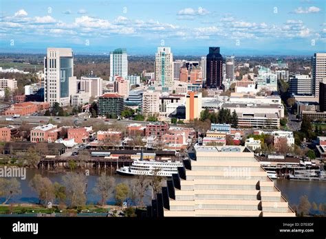 Aerial of The Downtown Sacramento, California Skyline with the Sacramento River in the ...