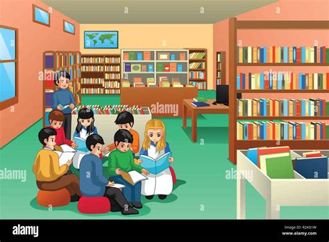 A vector illustration of Group of School Kids Studying in Library Stock Vector Image & Art - Alamy