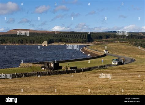 Kielder Water reservoir and dam with valve tower Stock Photo - Alamy