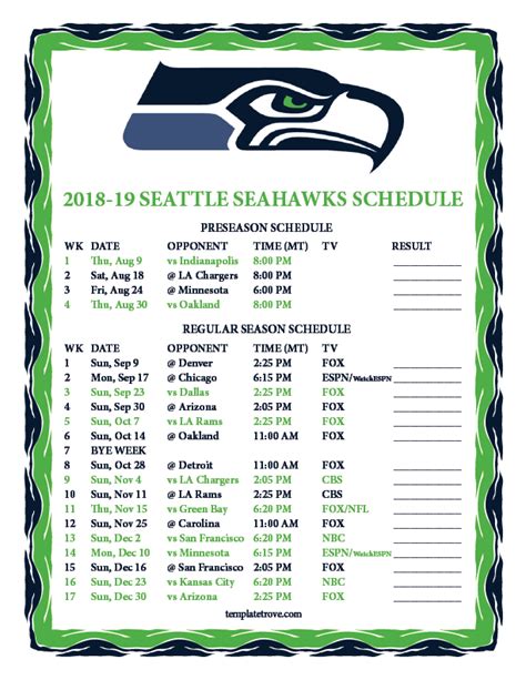 Printable 2018-2019 Seattle Seahawks Schedule