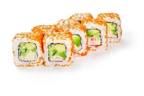 Premium Photo | California rolls in tobiko caviar with surimi crab ...