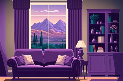 Premium AI Image | Purple furniture and curtains on the panoramic ...