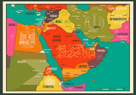 Middle Eastern/near Eastern Countries and Major Cities Map Giclée Print unframed A1, A2, A3 or ...