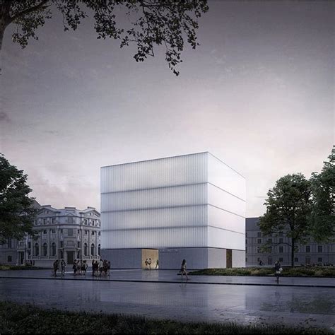 an architectural rendering of a building with people walking around the ...