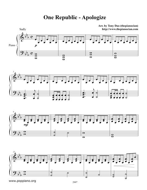 OneRepublic-Apologize Sheet Music pdf, - Free Score Download ★