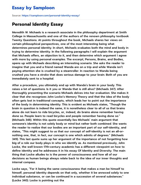 ≫ Personal Identity Essay Free Essay Sample on Samploon.com