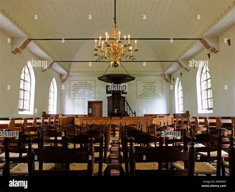 Interior of a small sober historic protestant church building with ...