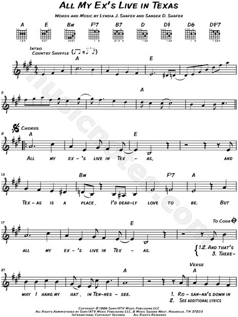 George Strait "All My Ex's Live In Texas" Sheet Music (Leadsheet) in A Major (transposable ...