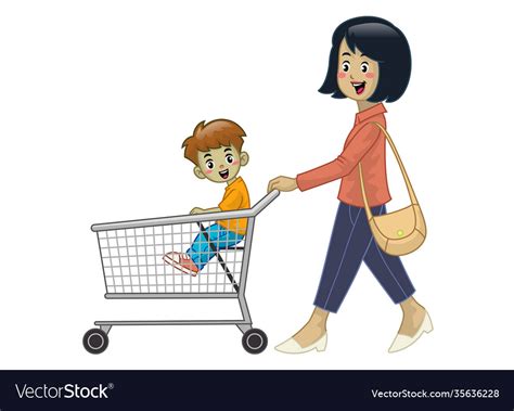 Mother and children hold shopping cart Royalty Free Vector