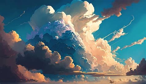 Premium AI Image | A painting of a cloudy sky with a plane flying in the sky.