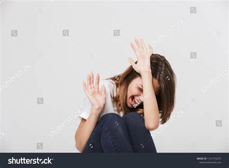 Scared Crying Woman Raising Hands Defense Stock Photo 1121772275 ...