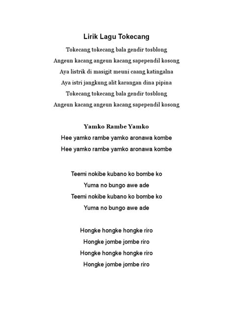 Lirik Lagu Tokecang: Yamko Rambe Yamko | PDF