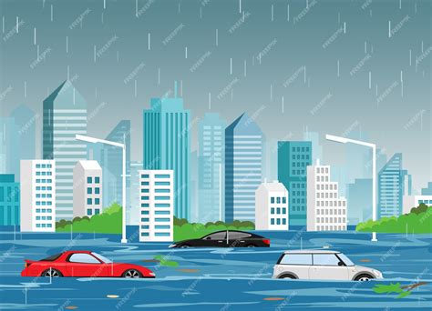 Premium Vector | Illustration of flood natural disaster in cartoon modern city with skyscrapers ...