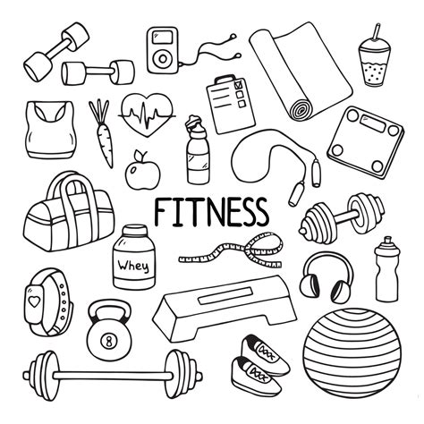 Fitness doodles set. Sketch of sport equipment with scales, barbell ...