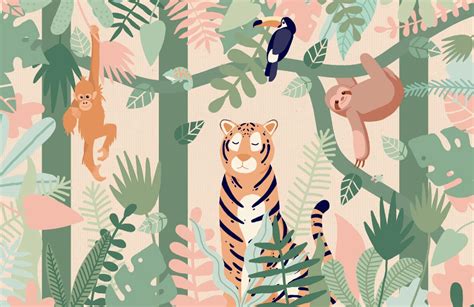 Papier Peint Enfant Animaux de la Jungle | Hovia FR | Animal mural, Jungle wallpaper, Jungle ...