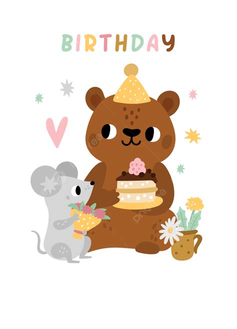 Best Friend Birthday Card With Cute Mouse And Bear Eating Cake Isolated On White Background, On ...