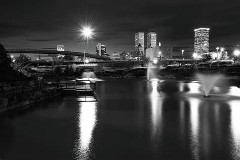 Night Tulsa Skyline - Centennial Park Reflections - Black and White Photograph by Gregory Ballos ...