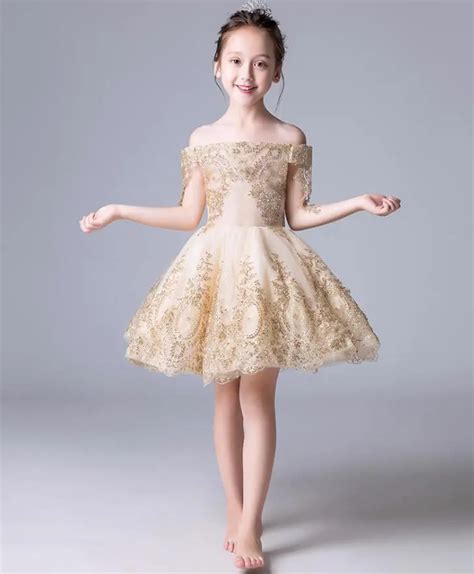 Glizt Gold Tulle Sequin Girls Summer Dress Strapless Flower Girl Dress for Wedding Party Pageant ...